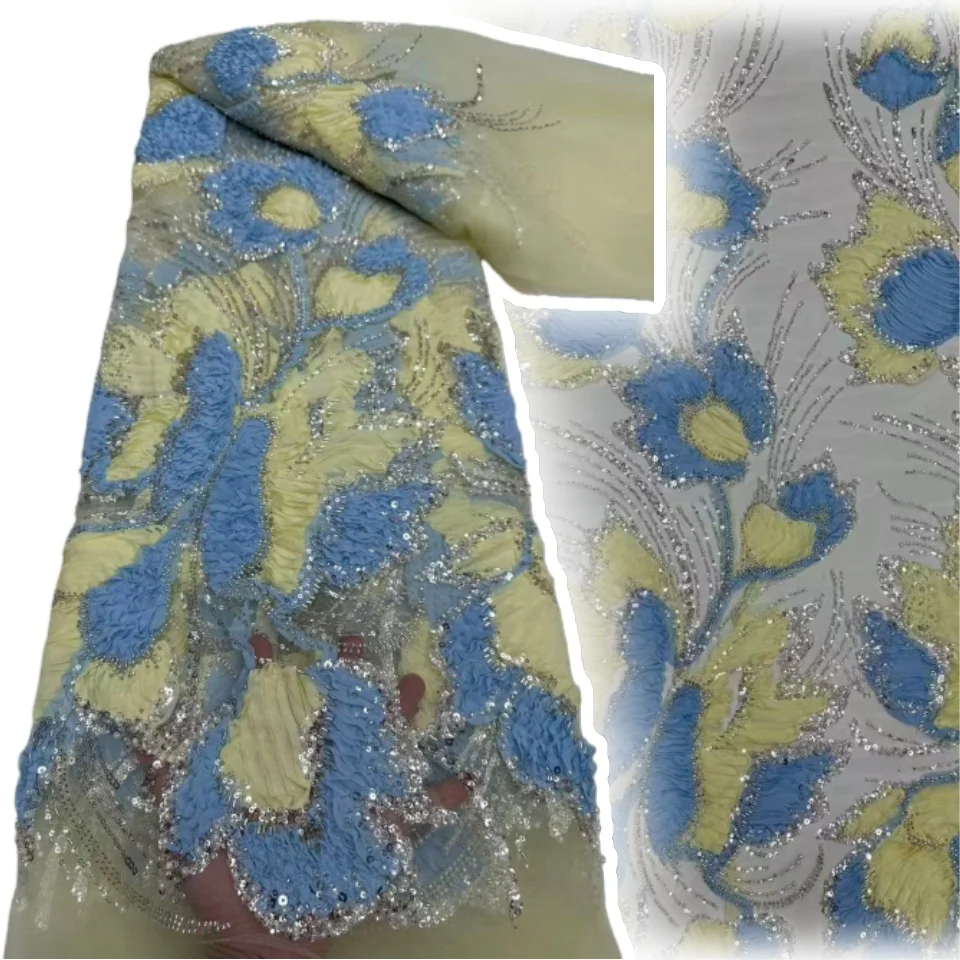 

Африканская кружевная ткань 2025 г., высокое качество, 5 ярдов, французская роскошная кружевная ткань с вышивкой, сетчатая кружевная ткань с бусинами, ткань для шитья AH1735