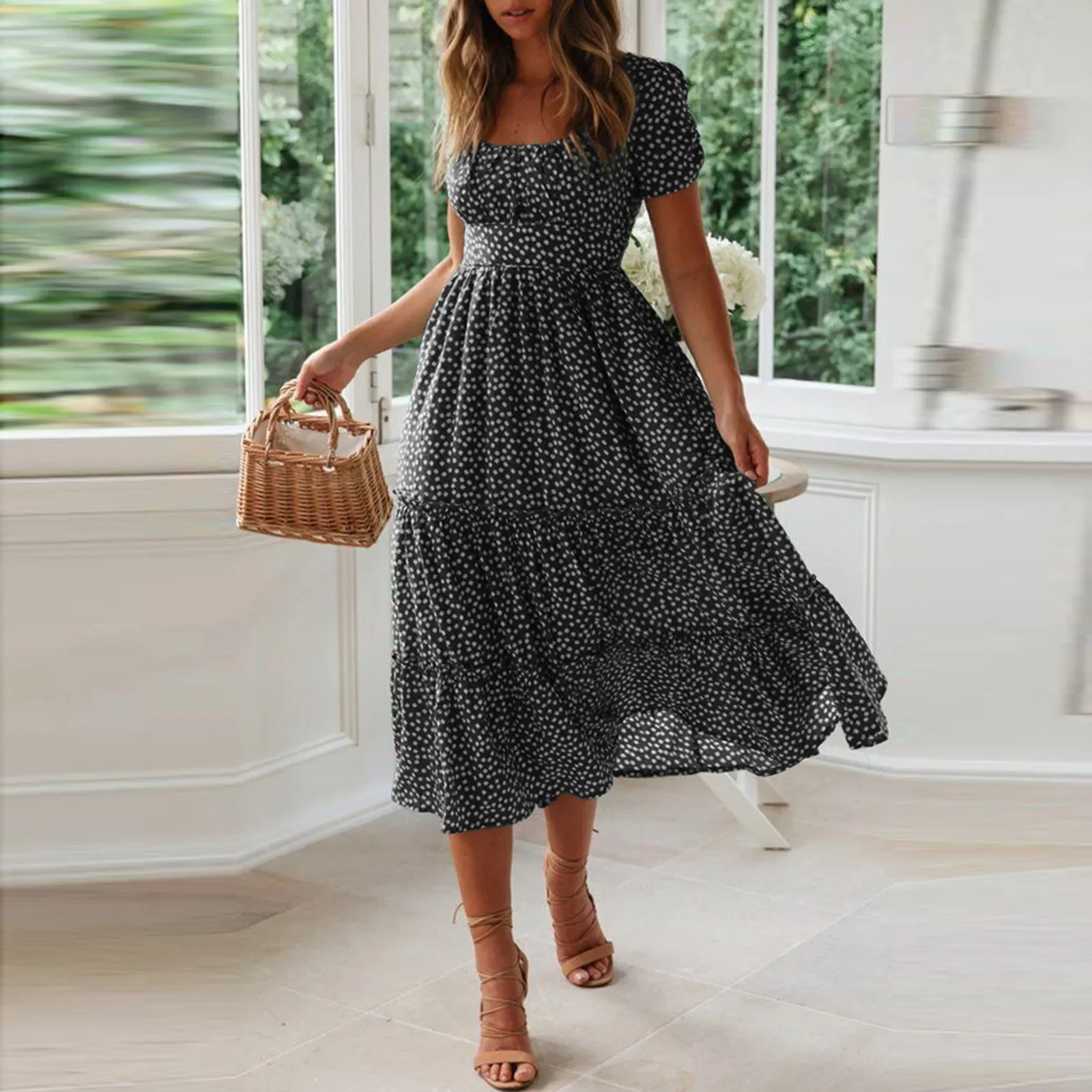 Robe de soirée en mousseline de soie, col carré, manches courtes bouffantes, imprimé Floral, style Boho, vêtements de plage pour femmes, été