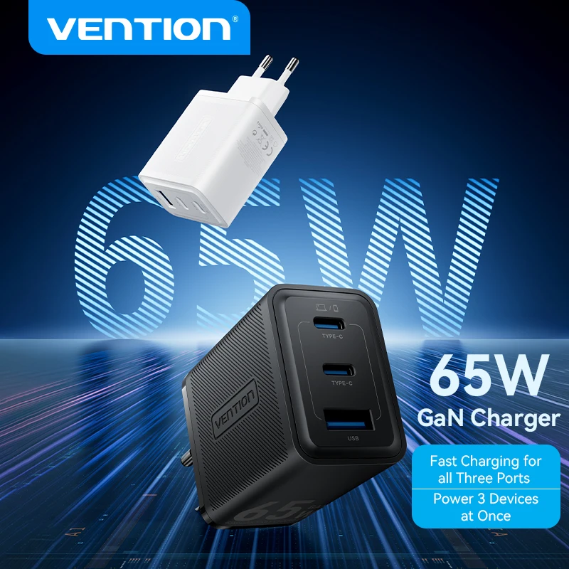 Vention-Chargeur GaN Type C, Charge Rapide 4.0, 3.0, Chargeur USB pour iPhone 15, 14, 13, 12 Pro Max, Charge PD pour Ordinateur Portable, 65W