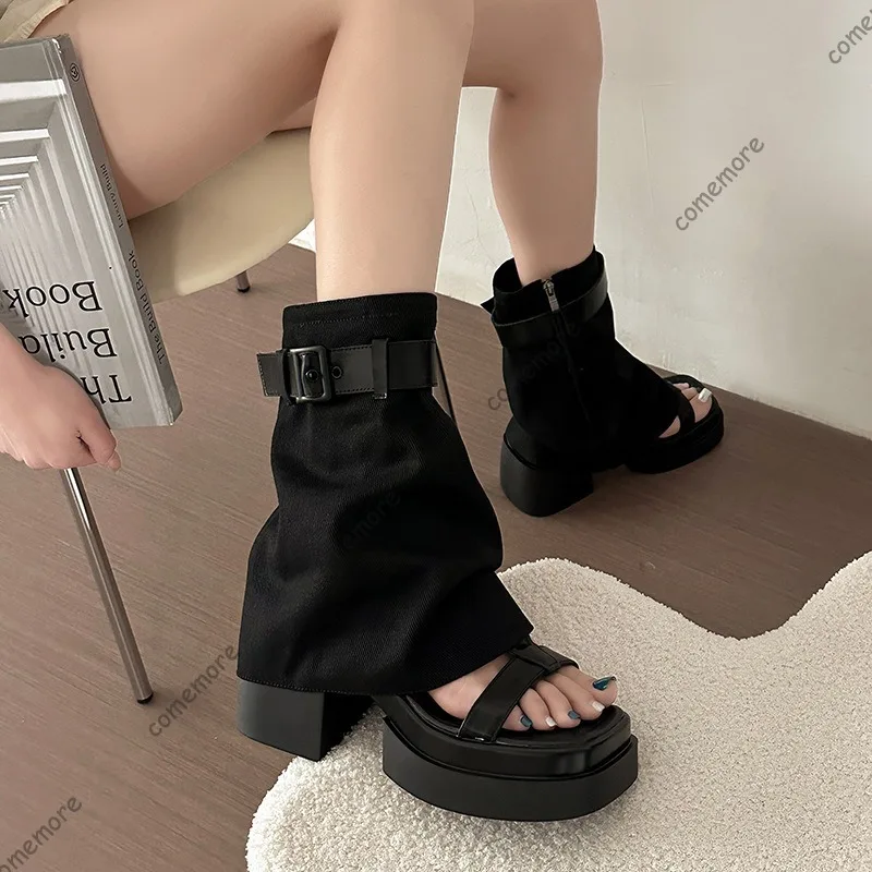 Size40 Women's Denim Foldover Platform Boot Sandals Open Toe Chunky Block Heel Shoes Buckle Strap Streetwear Style Woman Sandals view 2