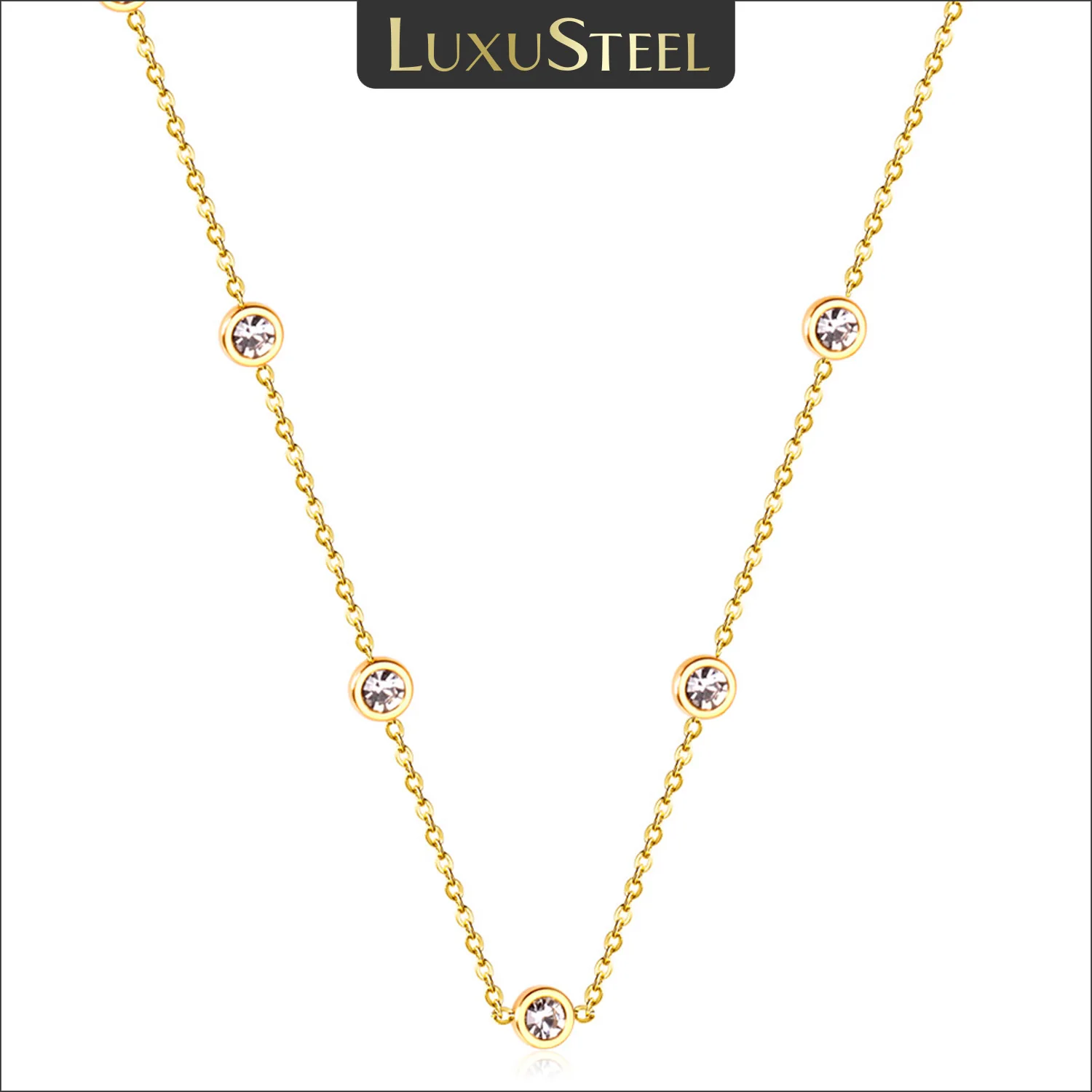 LUXUSTEEL Round CZ Pendant Necklace For Women White Colorful Cubic Zirconia Stainless Steel Collar Simple Luxury Wedding Jewelry