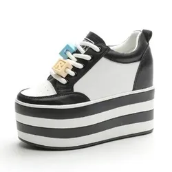 12CM Genuine Leather Women Autumn Spring NEW Fashion Hidden Heels Ladies Color Platform Wedge Chunky Sneakers Thick Soled Shoes