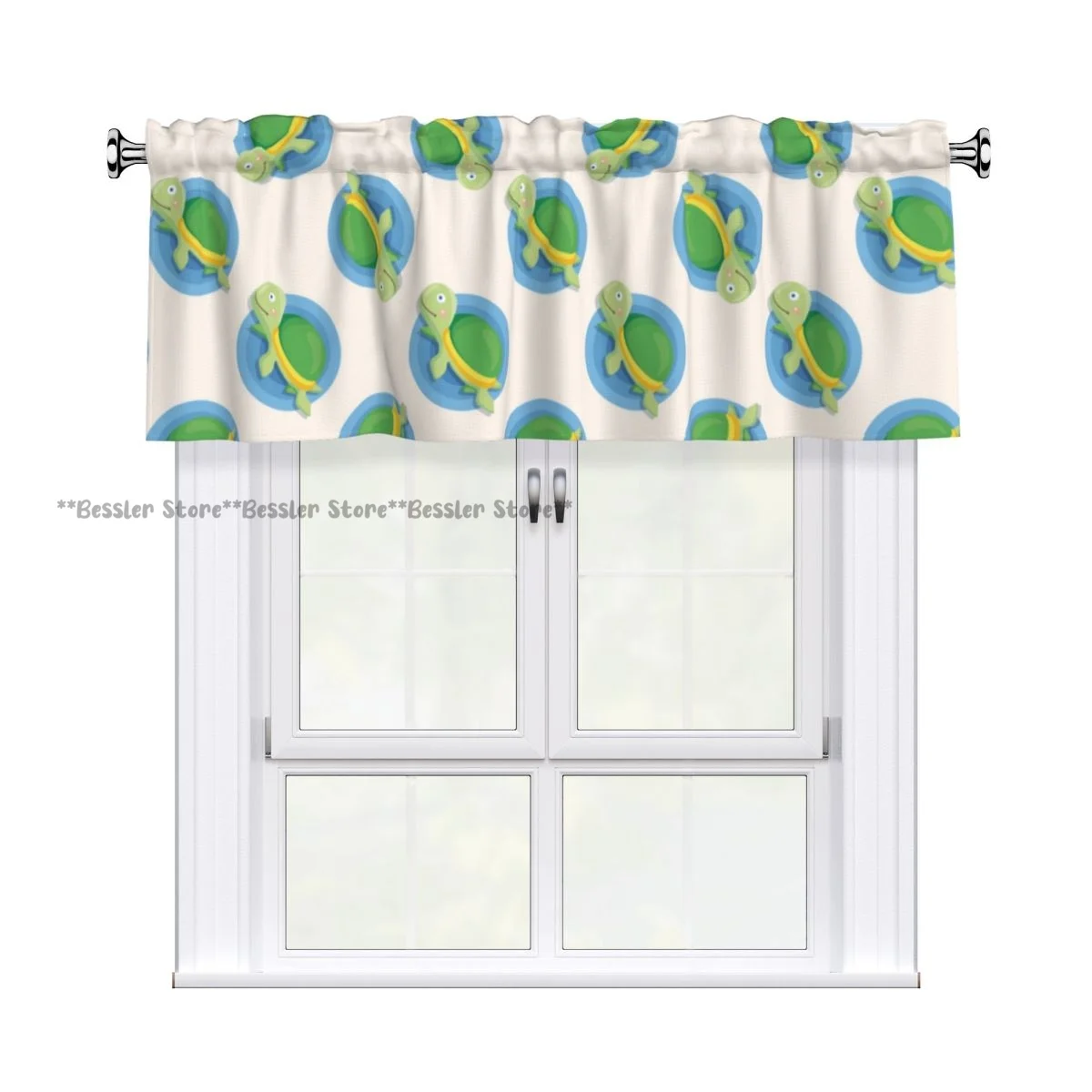 1PC Valance Cafe Window Rod Pocket Curtain Turtle Cartoon Pattern Short Valance Curtain For Home Kitchen Decoration