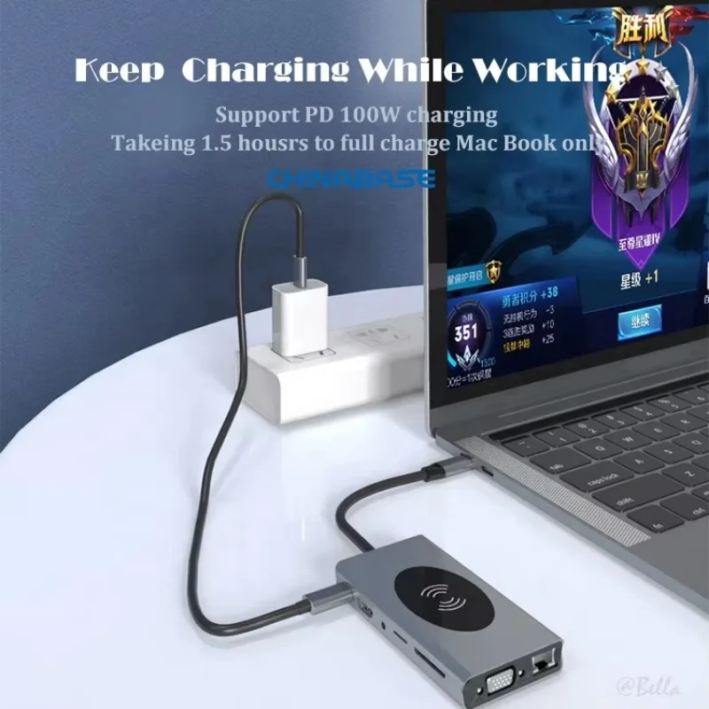 

2025 hot sale USB C Hub13 in 1 Type C Adapter Docking Station with Wireless Charger 100W PD 4K VGA USB 3.0 Ethernet SDTF fo