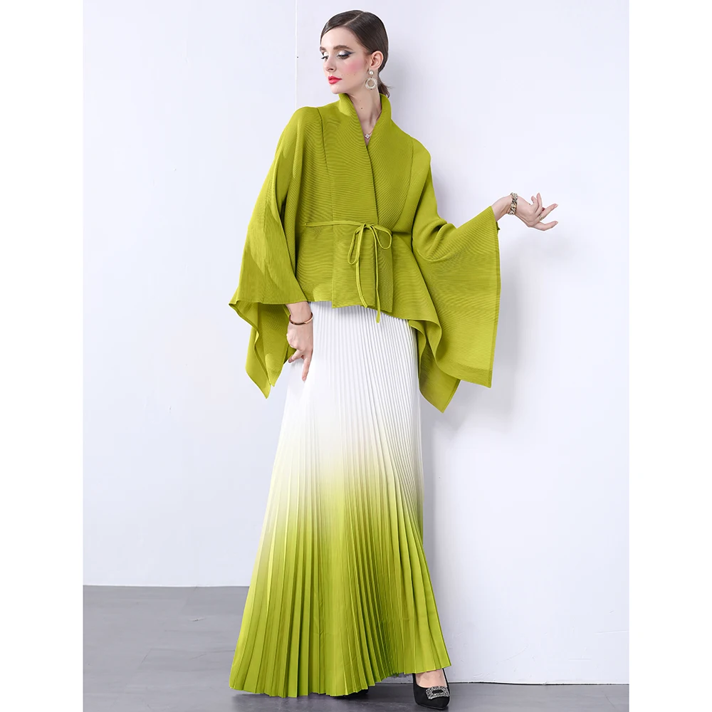 

adual Color ort Jaet with Belted Pleats + Diffused adient Pleated Skirt Faionable Two-Piece Set for Women