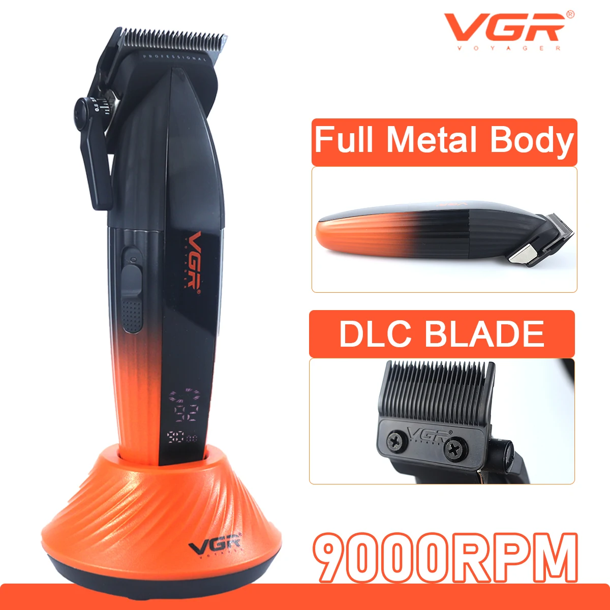 

VGR V-889C Профессиональная машинка для стрижки волос Fade DLC Blade 9000 об/мин, 2 скорости, беспроводная с базовым зарядным устройством, цельнометаллическая машинка для стрижки с ЖК-дисплеем