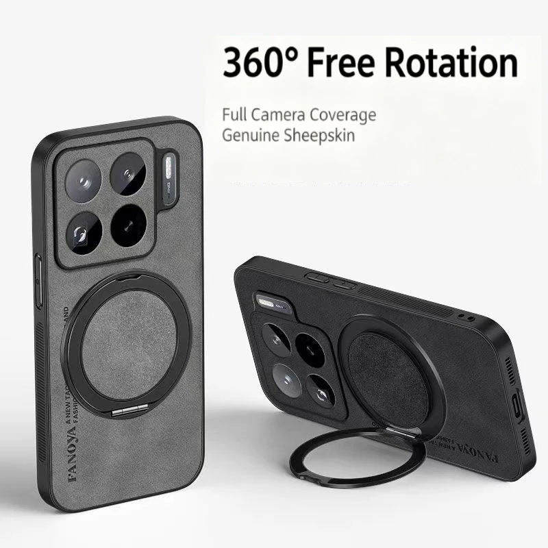 Sheepskin PU Leather Magnetic Phone Case with 360° Rotating Ring Kickstand Matte Shockproof Back Cover for Xiaomi 17T 15T Pro