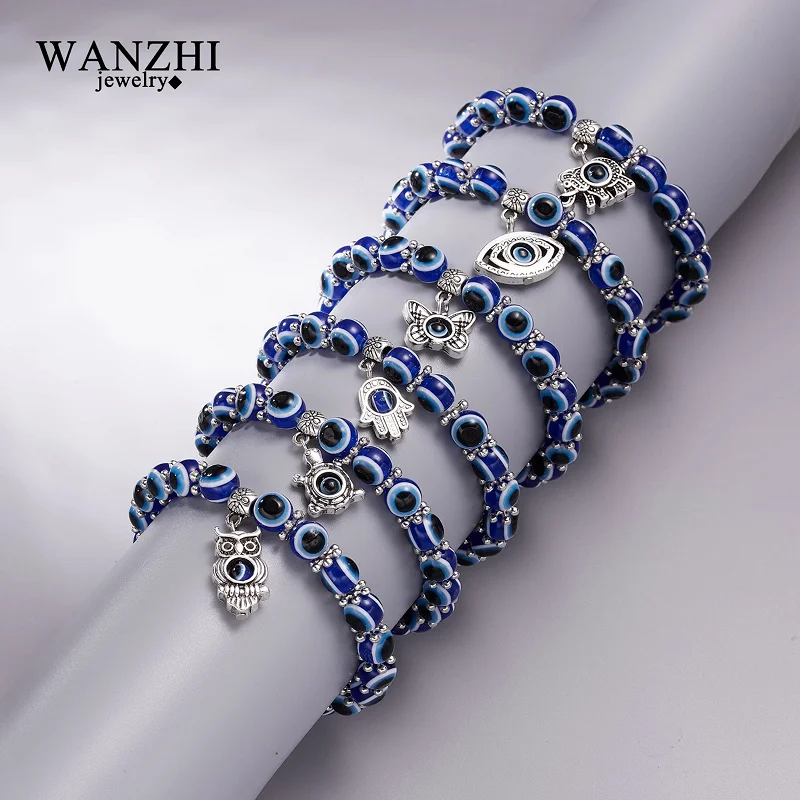 Blue Evil Eye Bracelet Hand of Fatima Turkey Thousand Eyes Wish Handmade Women's Resins Beads Elastic Couple Bracelets Jewlery