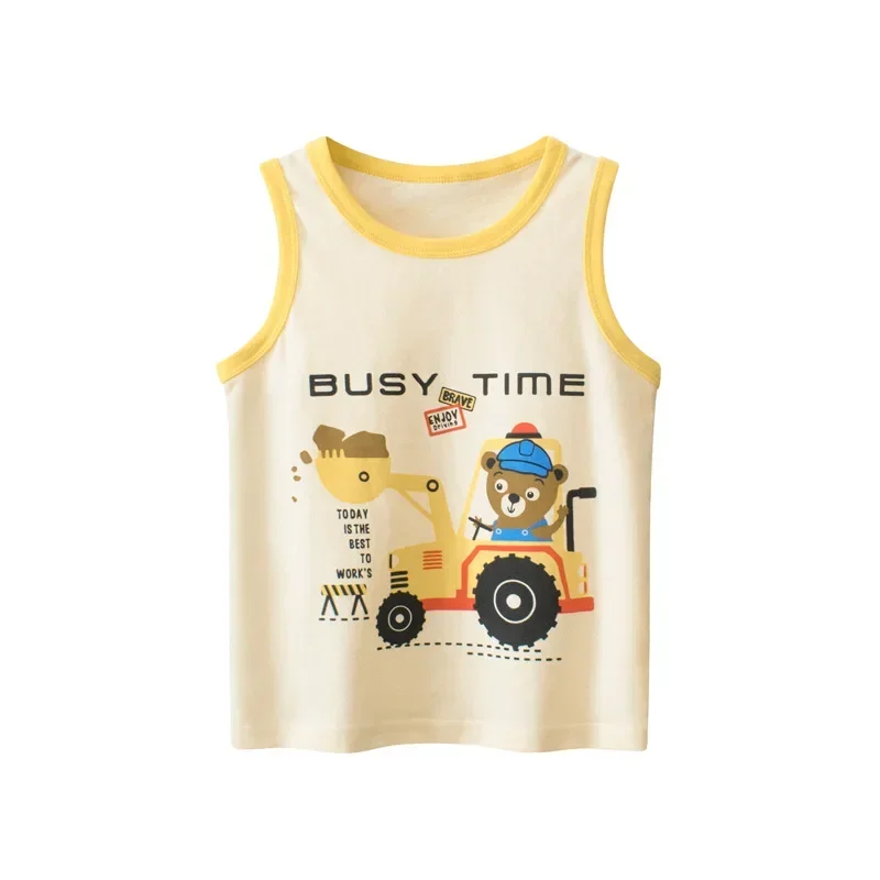 Summer New 2024 Kids Vest Cartoon Bear Excavator T Shirt Boys Clothes Sleeveless Cotton Top Children's Clothing Dropshipping