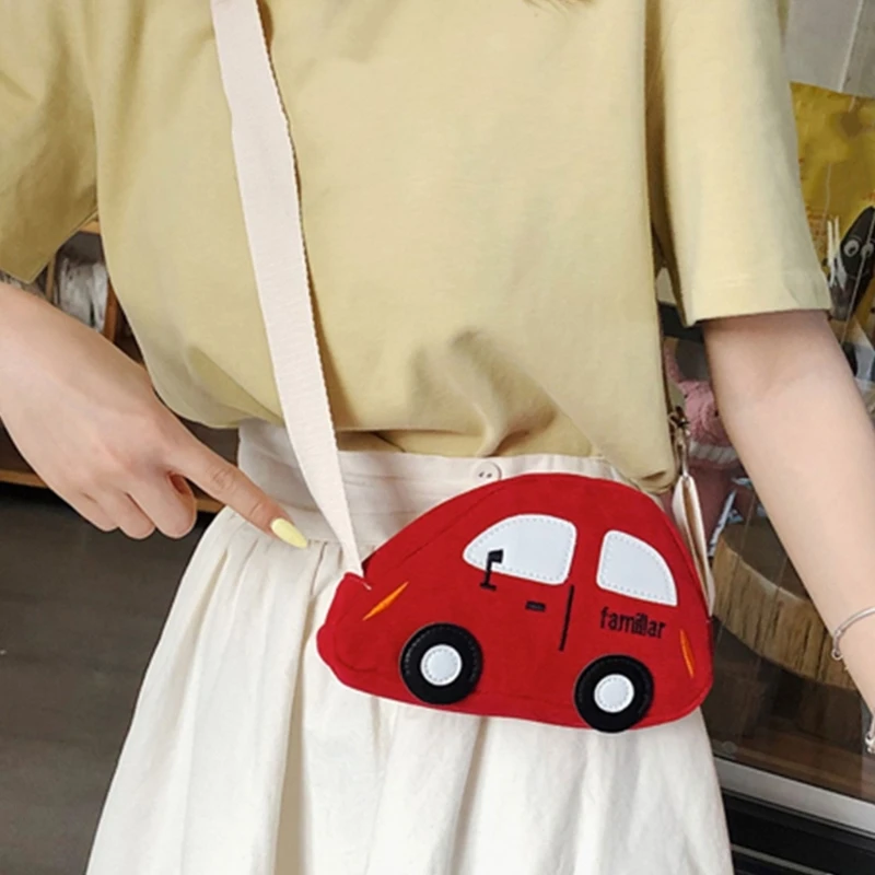 Kids Lovely Cartoon Car Shape Crossbody Bag Canvas Shoulder Bag with Adjustable Strap Small Satchel Purse for Boys and Girls