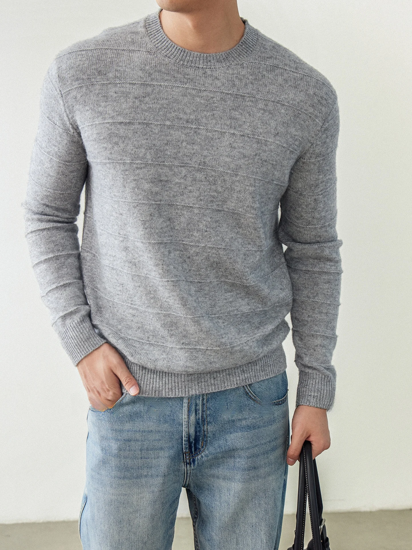 Men's Cashmere Sweater round Neck Drum Wave Pattern Casual Versatile Pure Color Base Layer Autumn Commute Soft Breathable