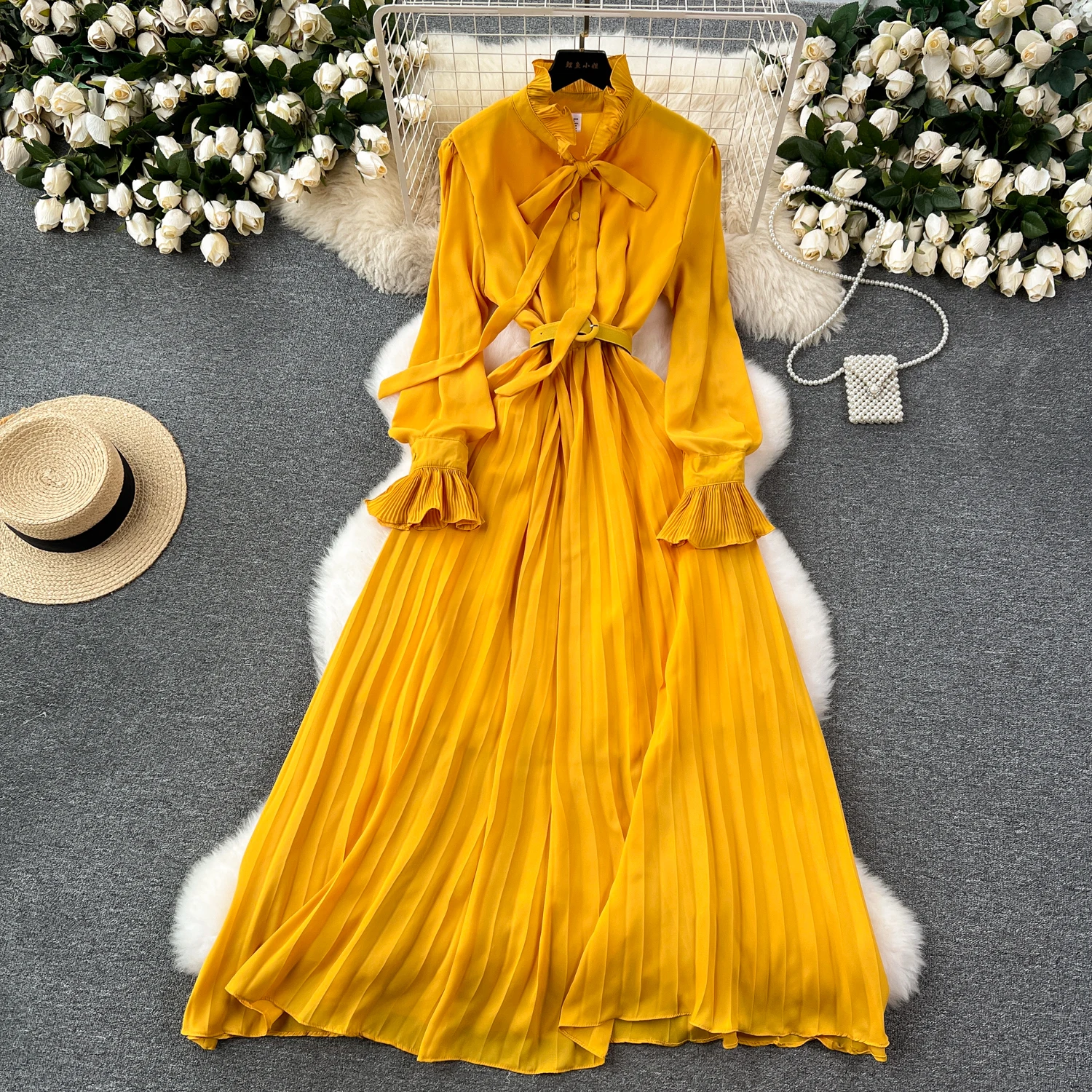 French Vintage elegant Pleated Bow A-line Dress Casual Women Fashion Vacation Spring summer dresses