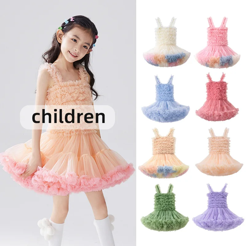 2024 Children\'s Clothing Summer Girls Tutu Dress Suspender Puff Skirt  Mesh Princess Dress Children\'s Day Performance Clothes