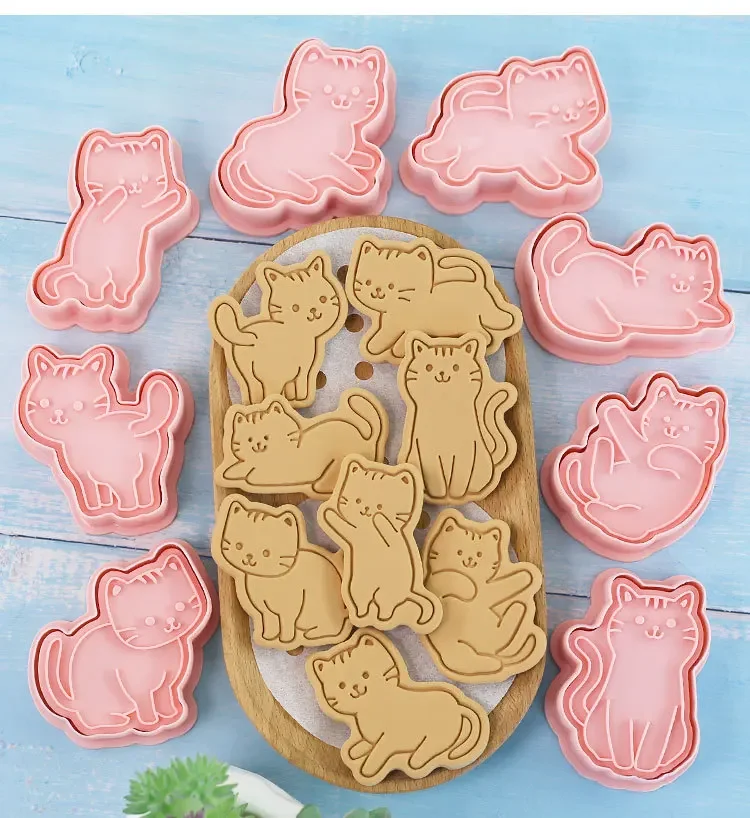 8Pcs Cat Cookie Mold Set Cartoon Cat Shape Cookie Stamp Fondant Cake Decoration Tools 3D Hand Pressure Plastic Biscuit Mold