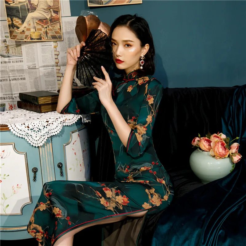 

Green Slim Split Chinese Traditional Dress Women New Summer Long Floral Cheongsams Vestido Bodycon Elegant Sexy Midi Qipao Dress