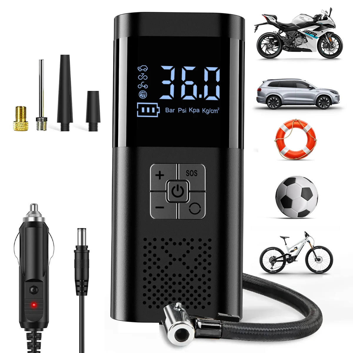 

Портативный воздушный насос с манометром, аккумулятор для шинного насоса 150PSI 12 В постоянного тока, беспроводной насос для накачивания шин со светодиодной подсветкой для автомобиля, мотоцикла, велосипеда
