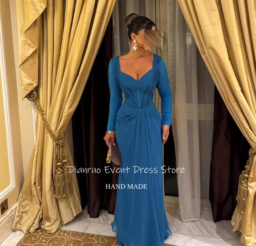 Dianruo Blau Geraffte Schatz Abendkleider Elegante Lange Ärmel Abendkleider Dubai Chiffon Kleider Für Frauen 2025, Angepasst