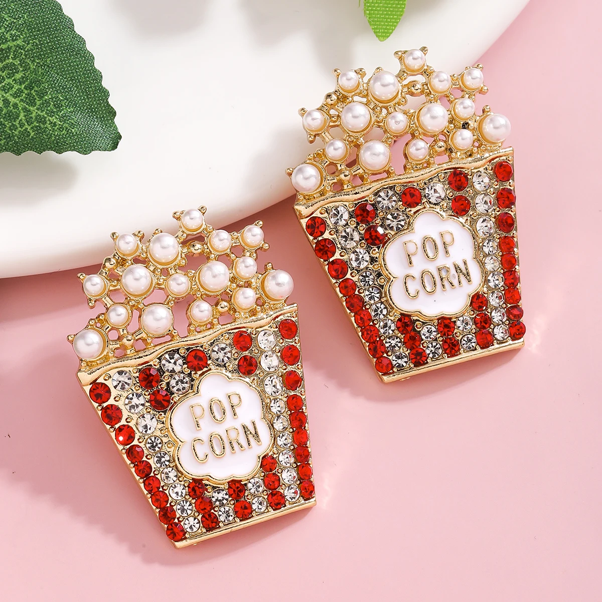 Cute Rhinestone Beaded Metal Popcorn Stud Earrings for Women Creative Statement Movie Food Holiday Accessory Party Gifts