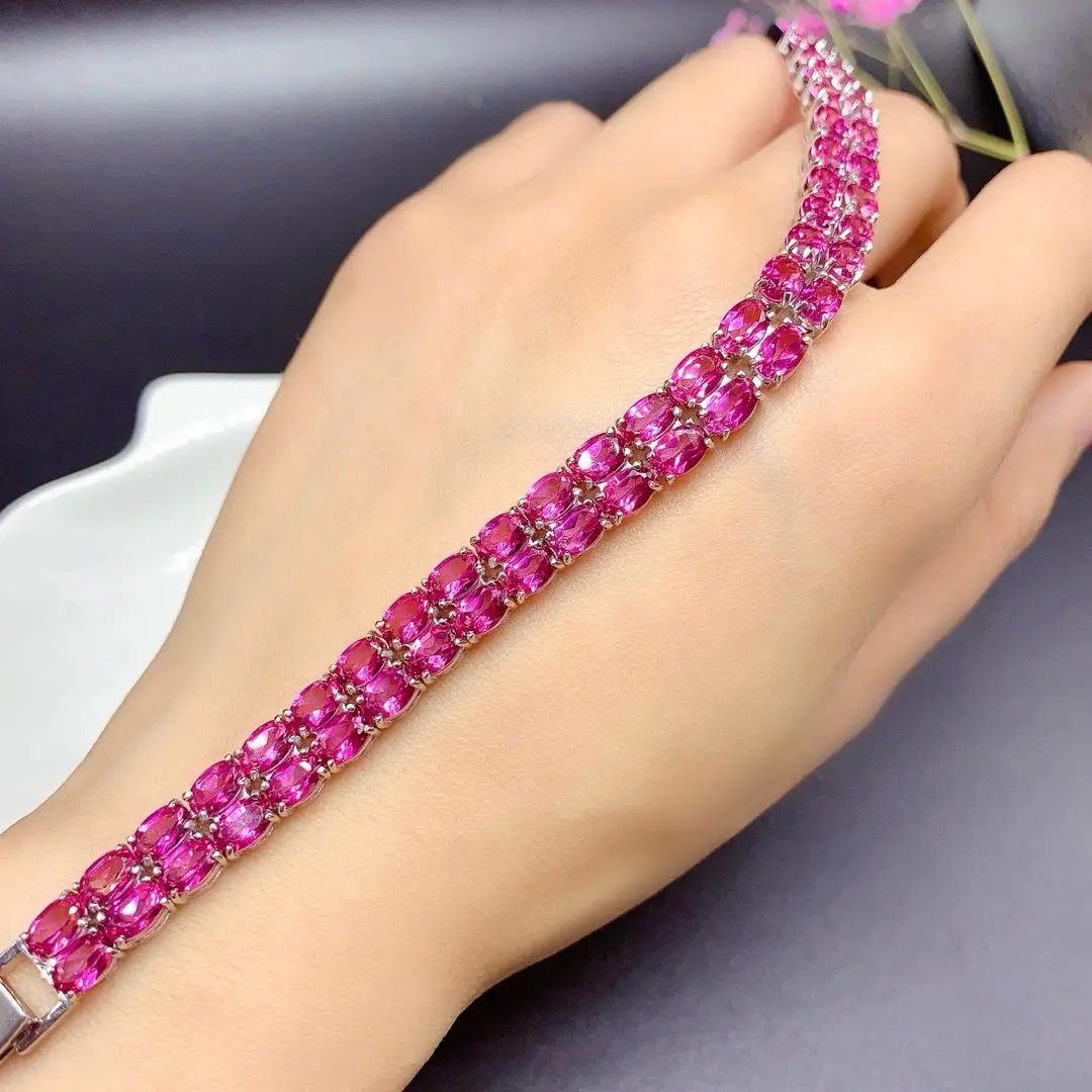 ZECAA 925 Sterling Silver Pink Topaz Bracelet for Women Natural Pink Topaz Gemstone 4*6mm Lady Silver Pink Topaz Bracelet