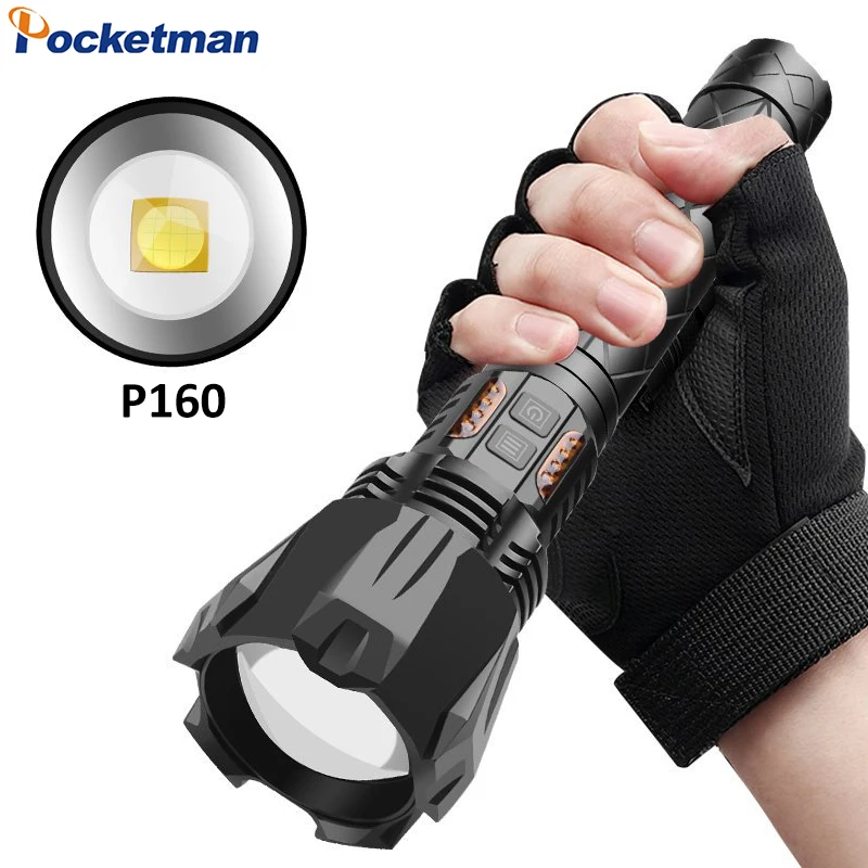 Telescopic Zoom Tactical P160 LED Flashlight USB Type-C Rechargeable High Power Flash Light Aluminum Alloy Waterproof Torch