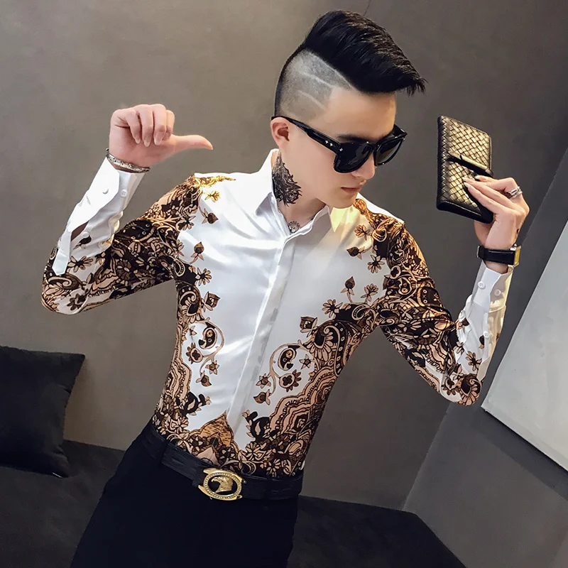 Digital Streetwear Print Slim Fit Party Tuxedo Shirt Casual Men 3XL-M Top Quality Men Shirt Autumn Long Sleeve Mens Dress Shirts