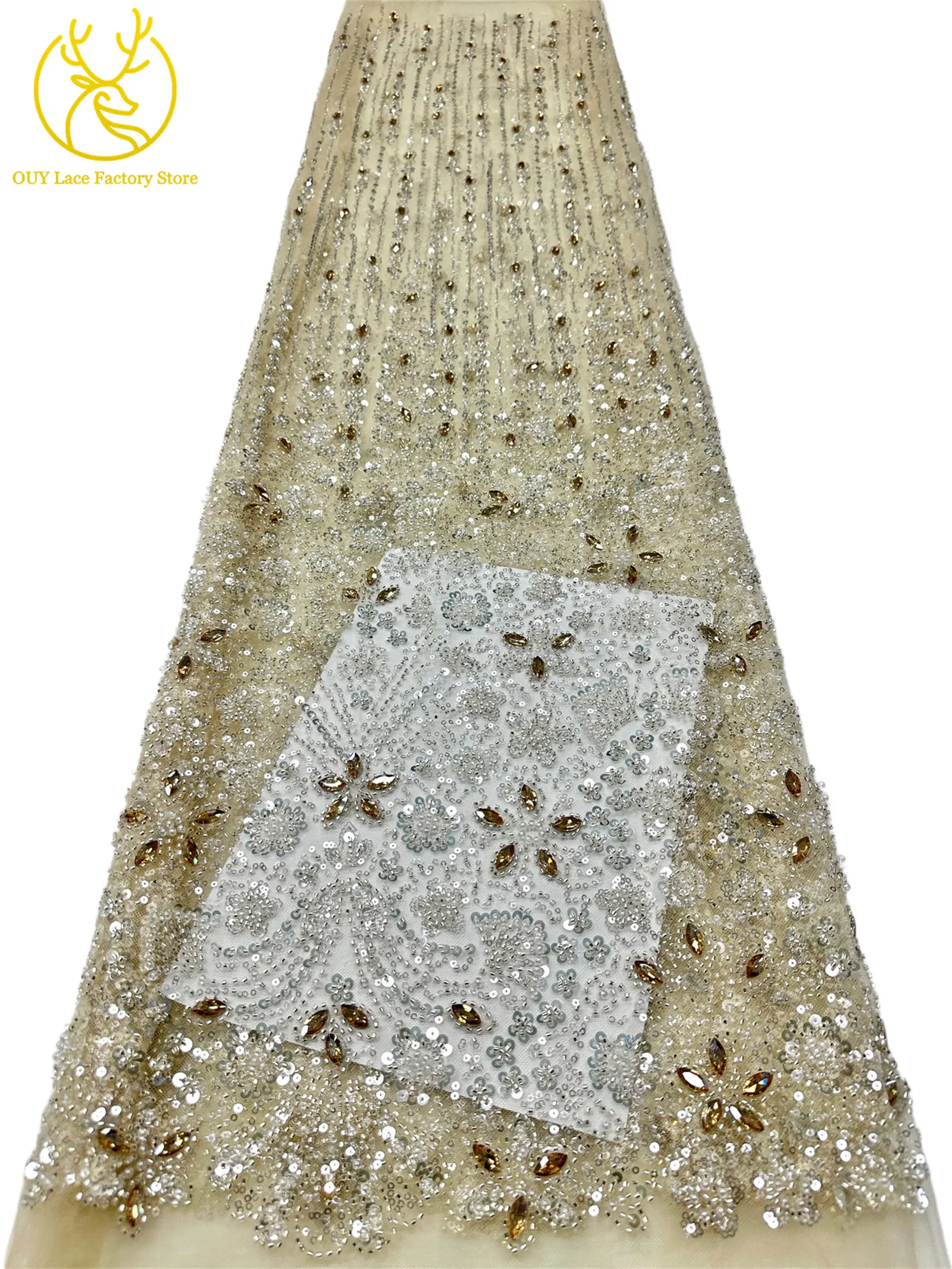 2026 Luxuriöser französischer Mesh-Spitzenstoff mit Perlen und Steinen, marineblau, afrikanischer nigerianischer Edelstein-Pailletten-Spitzenstoff zum Nähen von Hochzeitskleidern – Detail 19