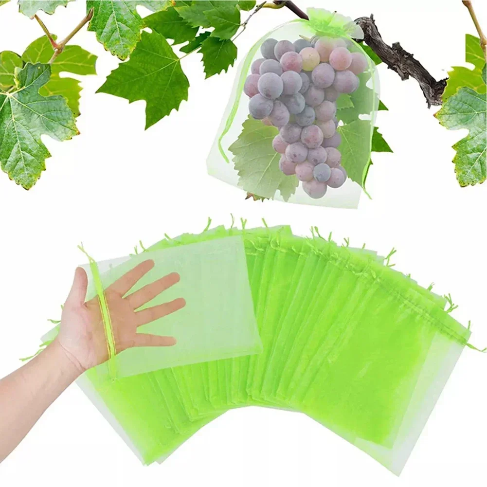 Paquete de bolsas protectoras de fruta de Organza, 100 piezas, con cordón para la boca, Red a prueba de aves para jardín