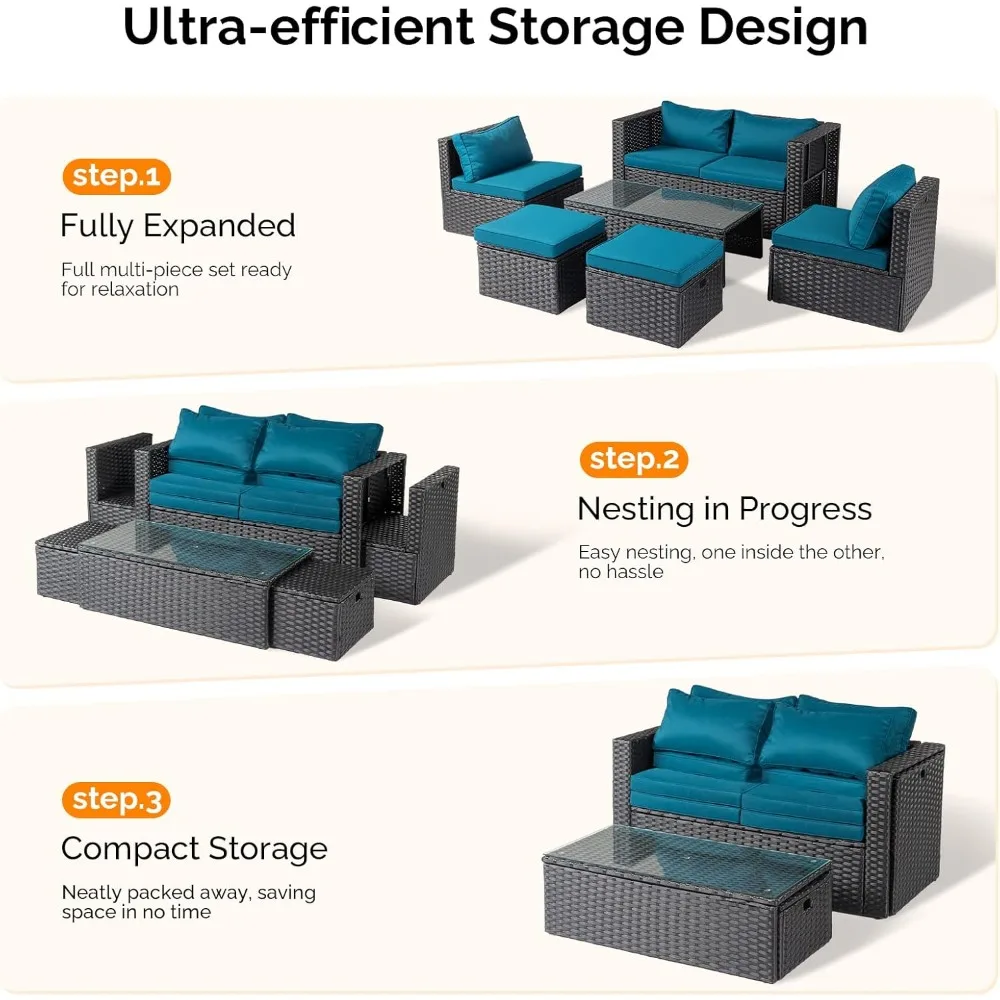 طقم أثاث فناء من الخيزران مكون من 6 قطع، مجموعة أثاث خارجي مقطعي للفناء، تصميم موفر للمساحة مع عثماني #2