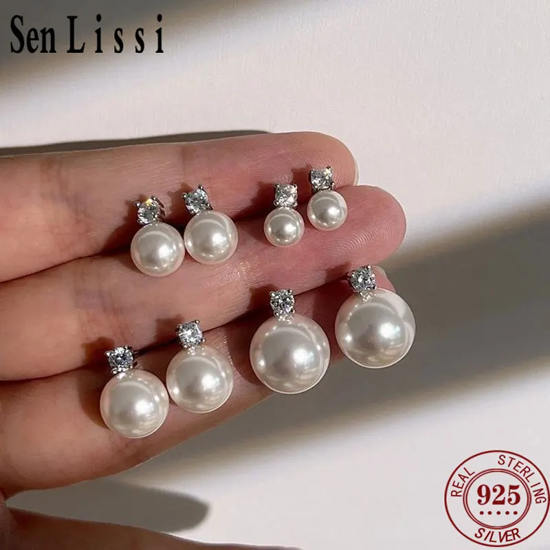 Senlissi-New Fashion Lofty 8-12mm Freshwater Pearl Stud 18k Kolczyki dla kobiet S925 Biżuteria srebrna Prezenty dla dziewczyny