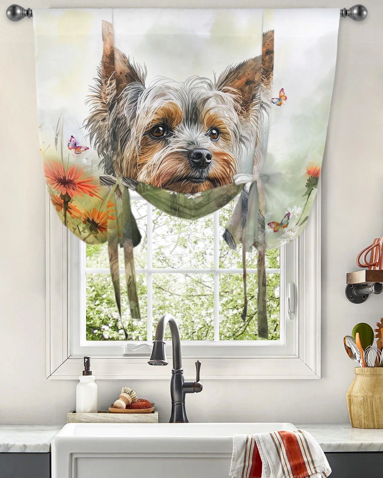 Flower Pet Dog Watercolor Butterfly Window Curtains Tie Up Curtains for Kitchen Living Room Adjustable Rod Pocket Drapes