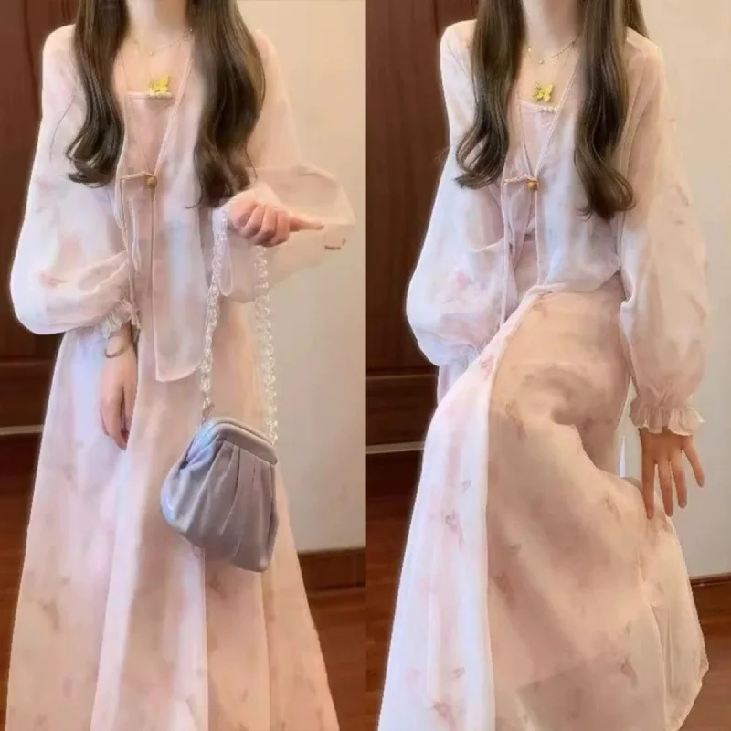 

New Retro Chiffon Printed Chinese Style Set Loose Lantern Sleeve Top Large Swing Half Skirt Three Piece Set