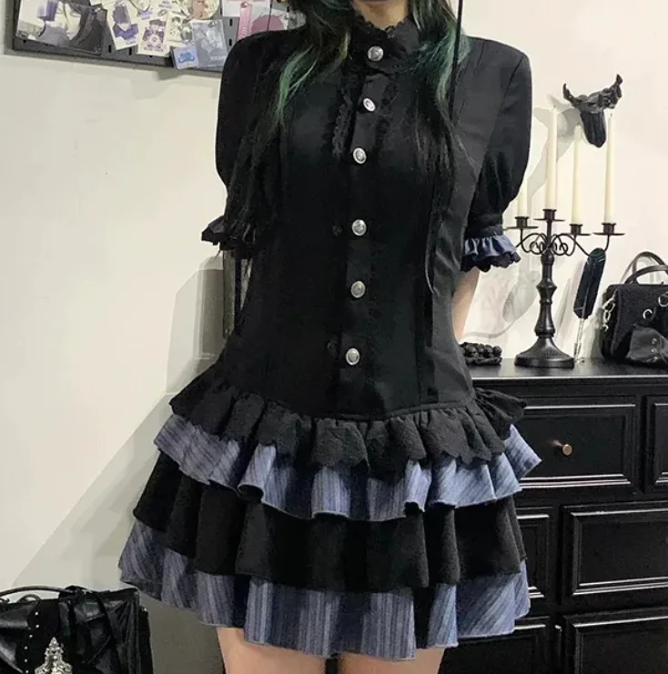 Vintage Gothic Short Sleeve Ruffles Stand Neck Cake Dress Personalized Girl Fashion Black  Age Reduction Dresses Summer New