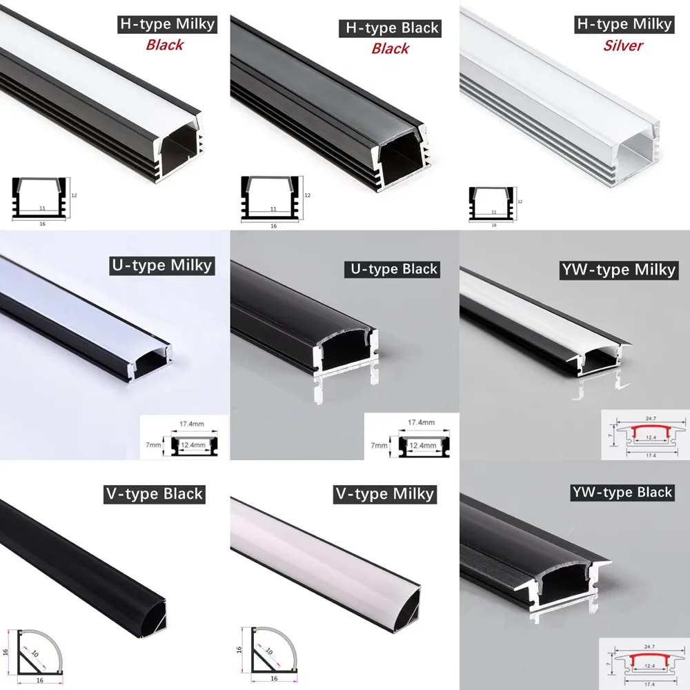 0,5 m/unids perfil de aluminio negro estilo V/U/YW para 5050 5630 canales armario barra lineal luces de tira con cubierta lechosa