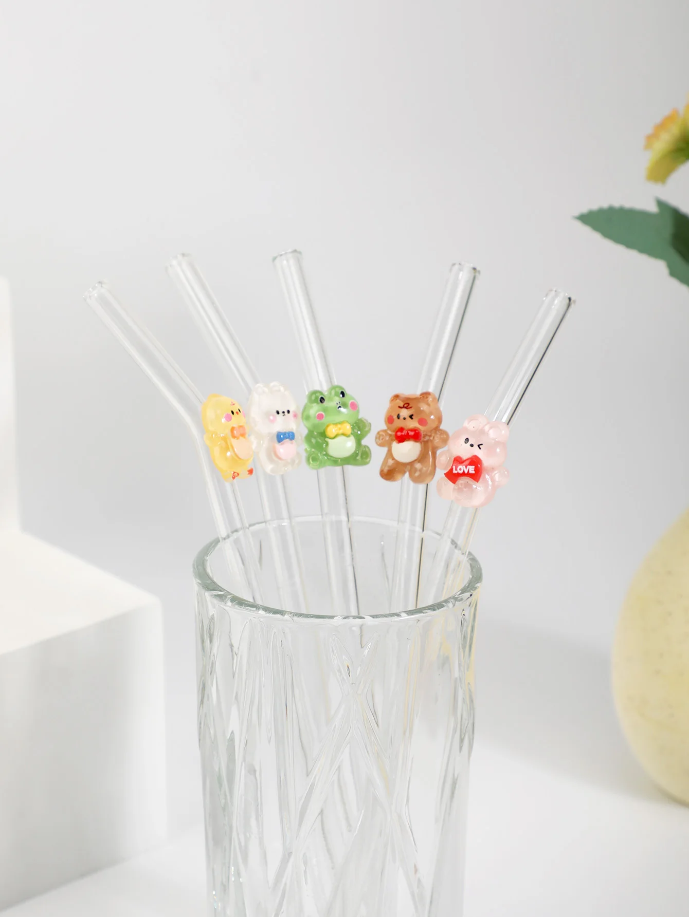 5PCS Animal Glass Straw Set, Bear/Rabbit/Frog/Duck/Cat Designs for Tea, Drinks & Cocktails. Essential for Parties, Picnics