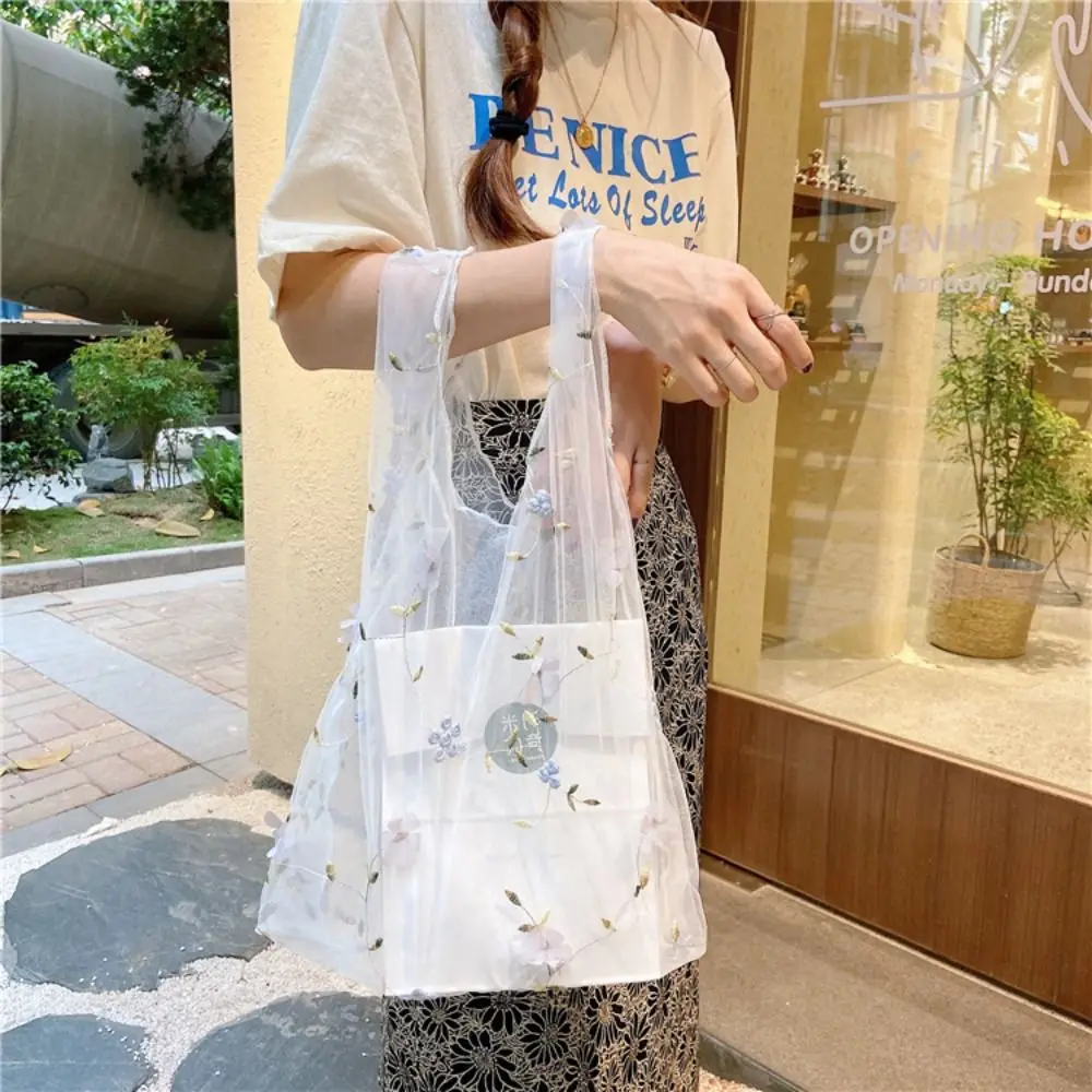 

Foldable Large Capacity Transparent Handbag Mesh Flower Embroidery Bag Cloth Storage Bag Shopping Bag Streetwear