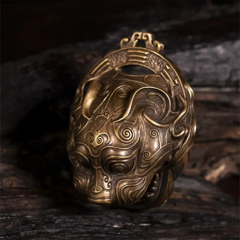 Solid Brass Tiger Head Bell Small Ornament Bagua Seven Star Talisman Amulet Pendant Charm Desk Display Vintage Collectible