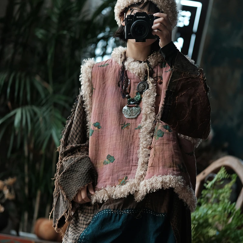 

Женский хлопковый жилет в китайском стиле, Новое поступление, зима 2025 года, винтажные свободные женские базовые куртки без рукавов с цветочным принтом M2171