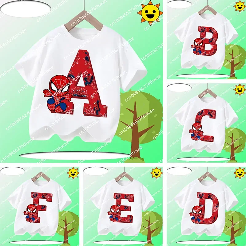 

2025 Marvel Alphabet A-Z Cartoon Printed Spider-Man New Kids Round-neck Short-sleeved Boys and Girls Casual Sports T-Shirt Shirt