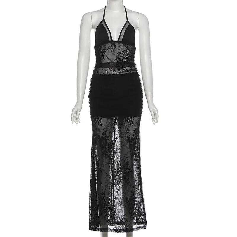 Femmes Sexy voir à travers maille dentelle Patchwork froncé moulante Robe Maxi col en V à lacets licou dos nu Clubwear fête longue Robe
