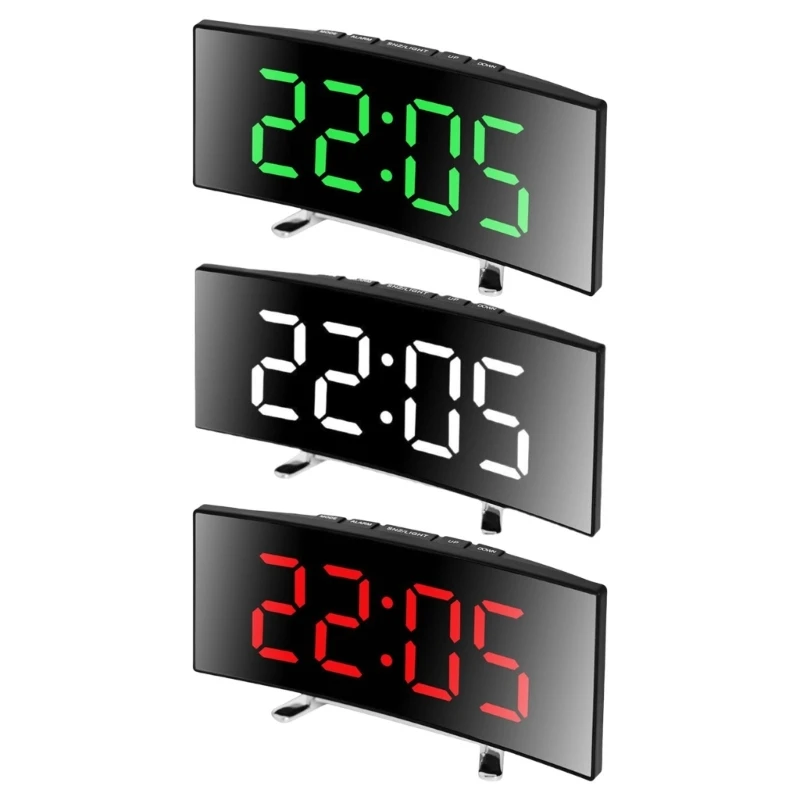 Modern Curved Mirror LED Desk Clock Quiet Intelligent Alarm Temperature Date Display USB/Battery Power Home Decors