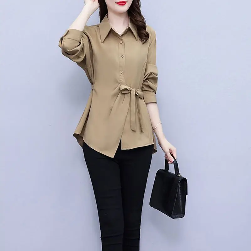 Commute Solid Color Blouse Spring Autumn Polo-Neck Women\'s Clothing Single-breasted Fashion Drawstring Asymmetrical Waist Shirt