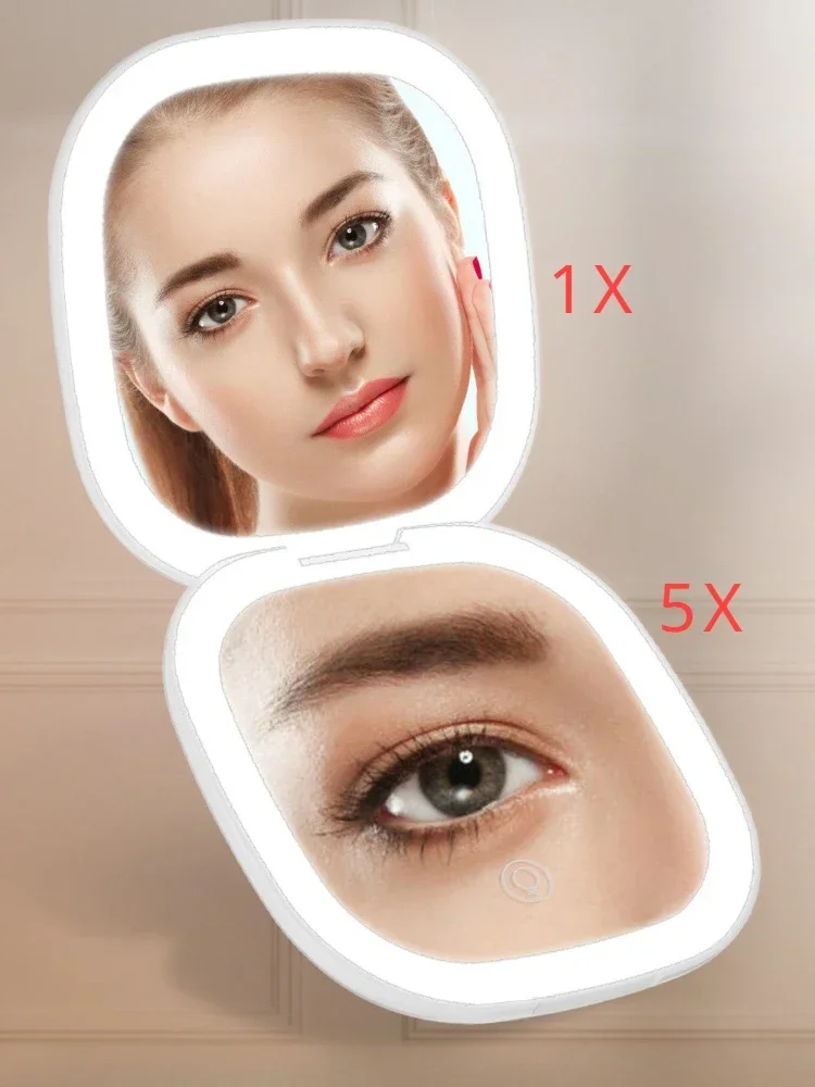 

Led 5x/10X Magnifying Mini Compact Foldable Portable Charge Makeup Mirror With Light Small Pocket Travel Compact