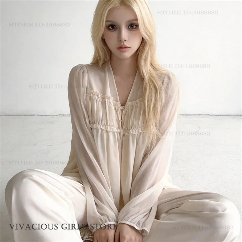 New Female 2PCS Pajamas Set Spring Summer Mesh Long Sleeve Trouser Pijamas Suit Elegant Solid Color Satin Sleepwear Home Wear