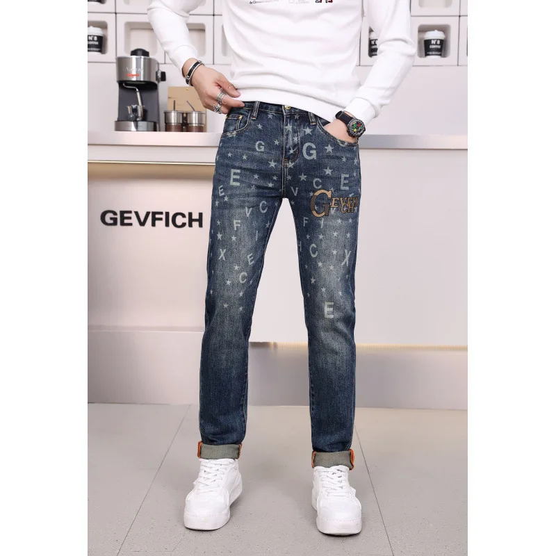 Men's Light luxury printed jeans 2024 new autumn and winter stretch slim fit skinny casual all-match fashion pants