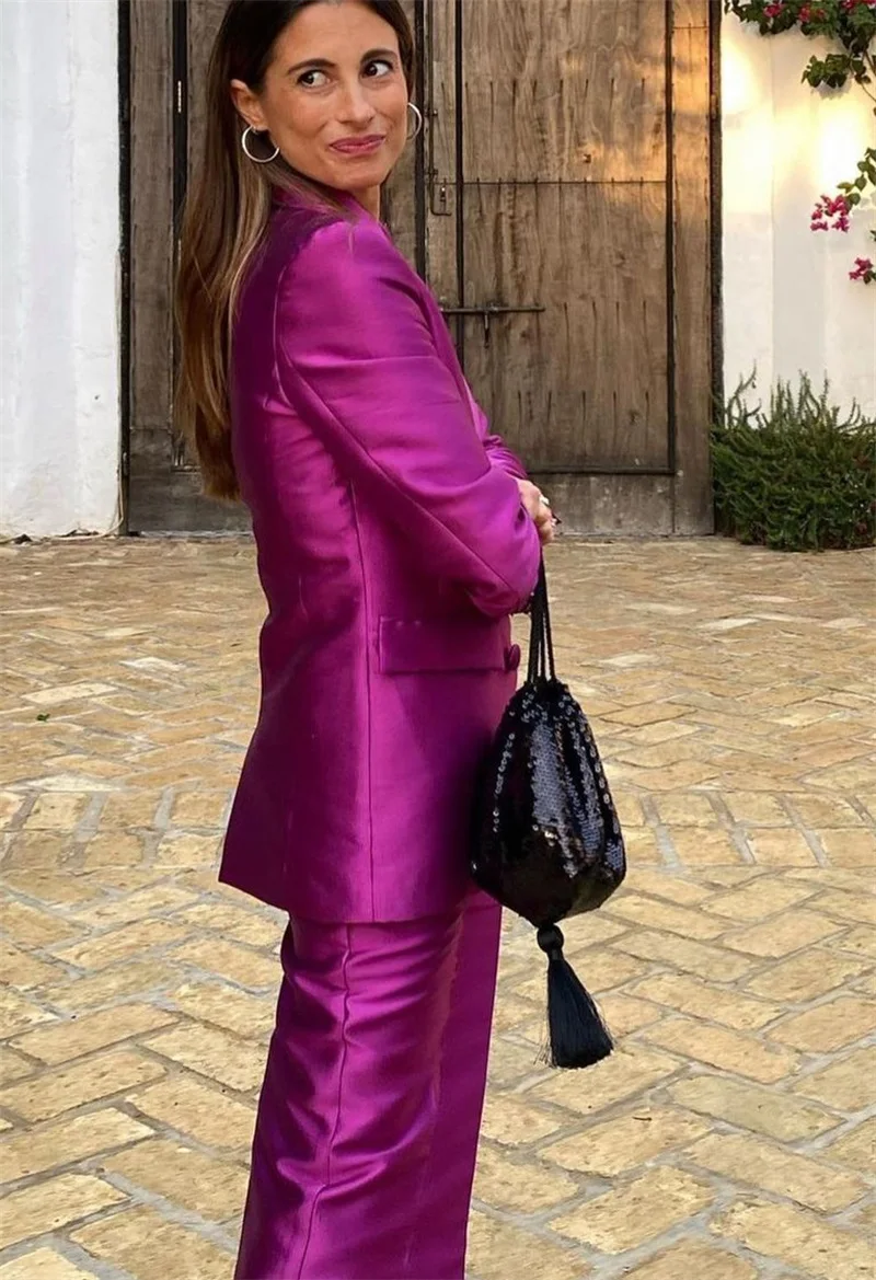 Cetim de seda mulher ternos blazer conjunto calça 2 peças jaqueta formal duplo breasted casamento vestido de baile feito sob encomenda