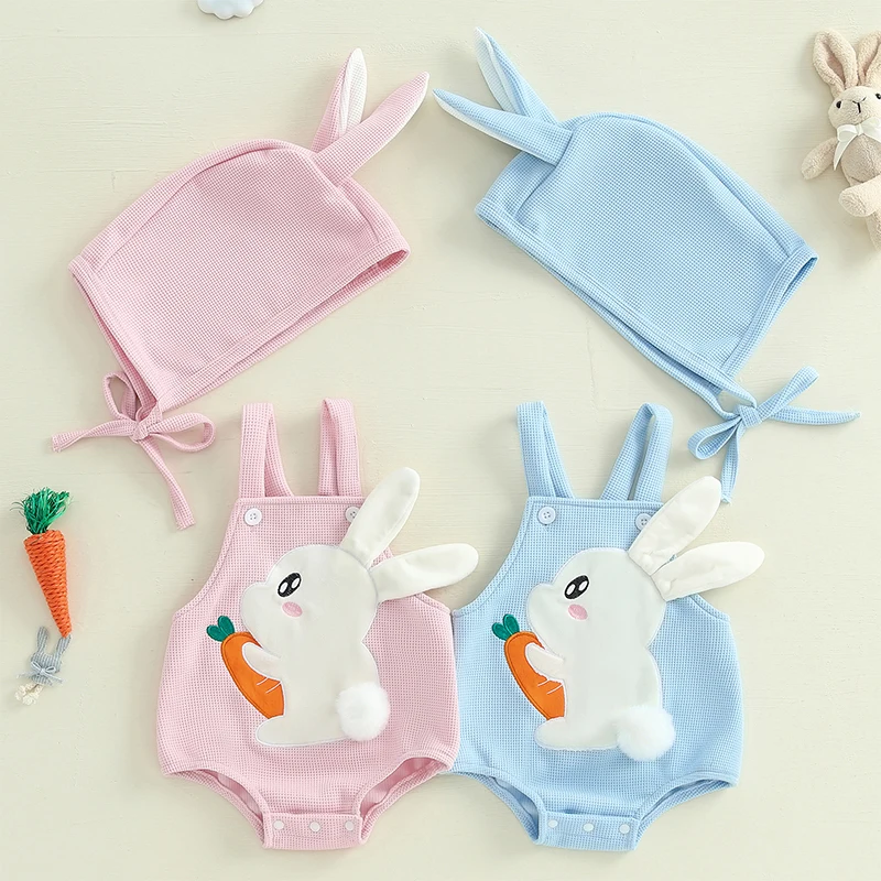 Pudcoco Baby Girls Easter Clothes Bunny Embropidery Sleeveless Square Neck Romper with Hat 2 Pcs Set