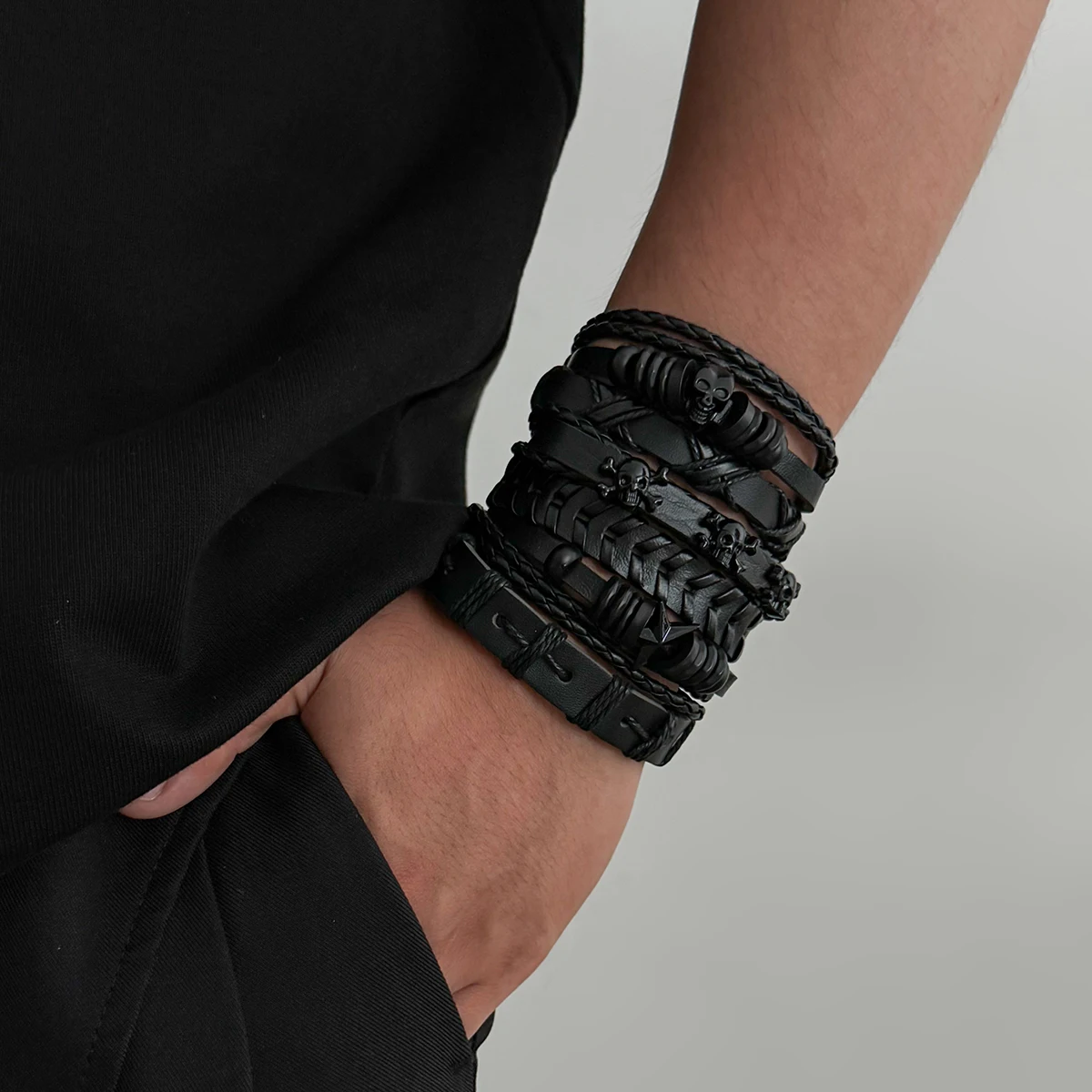 IngeSight.Z 6Pcs/Set Gothic Style Multilayer Woven Leather Bracelets Men Halloween Creative Stars Skull Bangle Jewelry Accessory