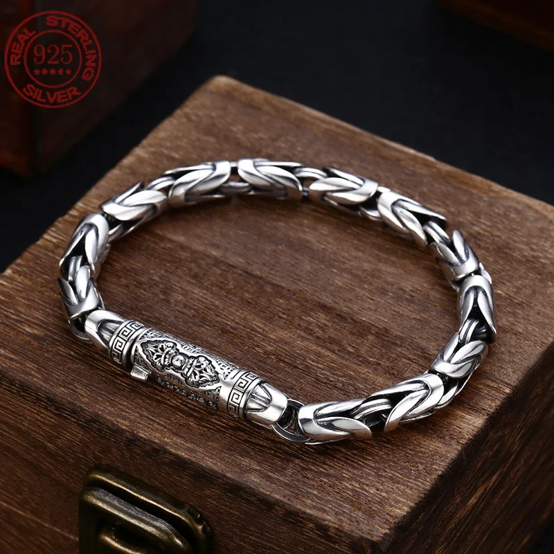 New Handmade Retro  925 Sterling Silver Men Safe Braided Bracelet Diamond Pestle Tide Hip Hop Niche Bracelets Jewelry Accessorie