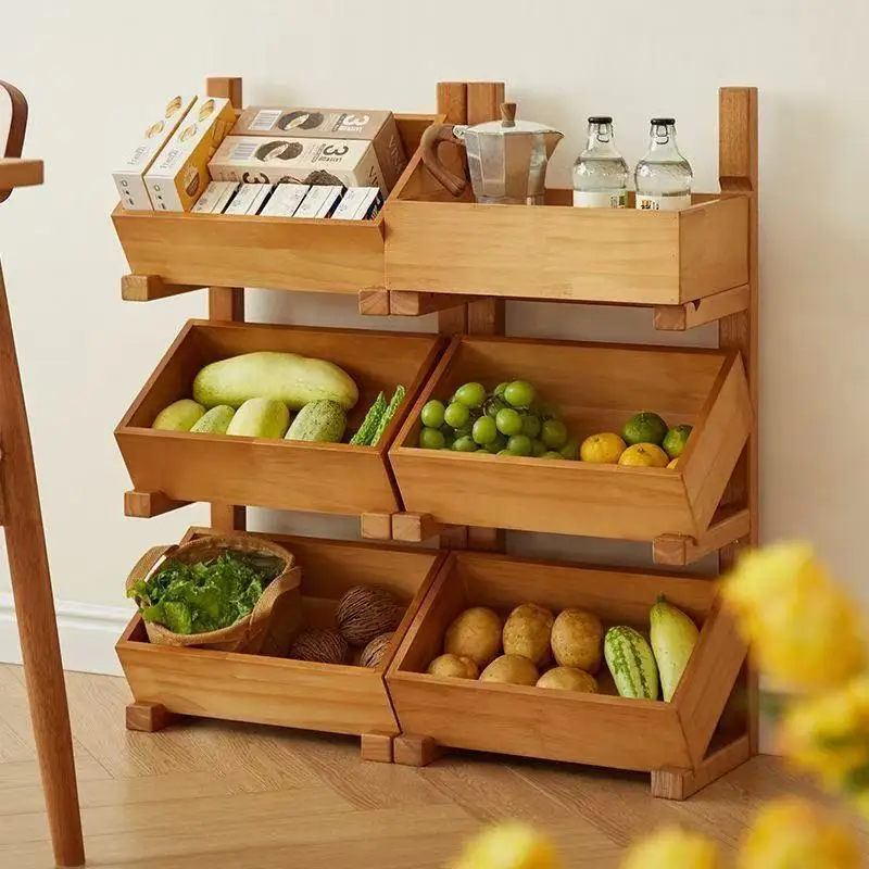 

Wood Floor-standing Multi-layer Kitchen Fruit Vegetable Basket Living Room Display elf Sna Storage Ra Bookelf