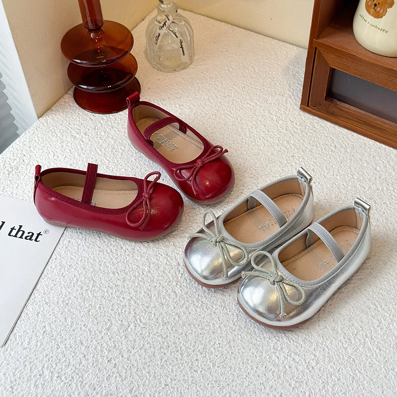 فضي أحمر الفتاة حذاء مسطح Bowknot أحذية من الجلد الصغير الاطفال لينة أسفل الأميرة حذا فردي للسيدات الأطفال حذاء طفل صغير 2-10T #5